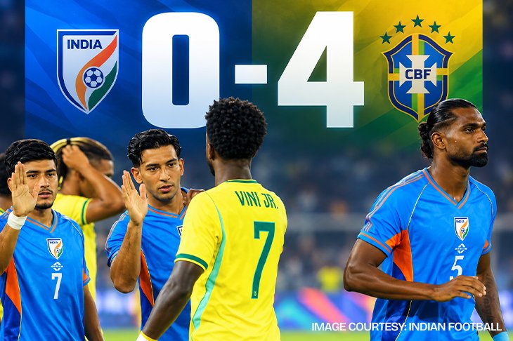 Brazil players celebrate during their 4-0 win over India in the international friendly in Kolkata