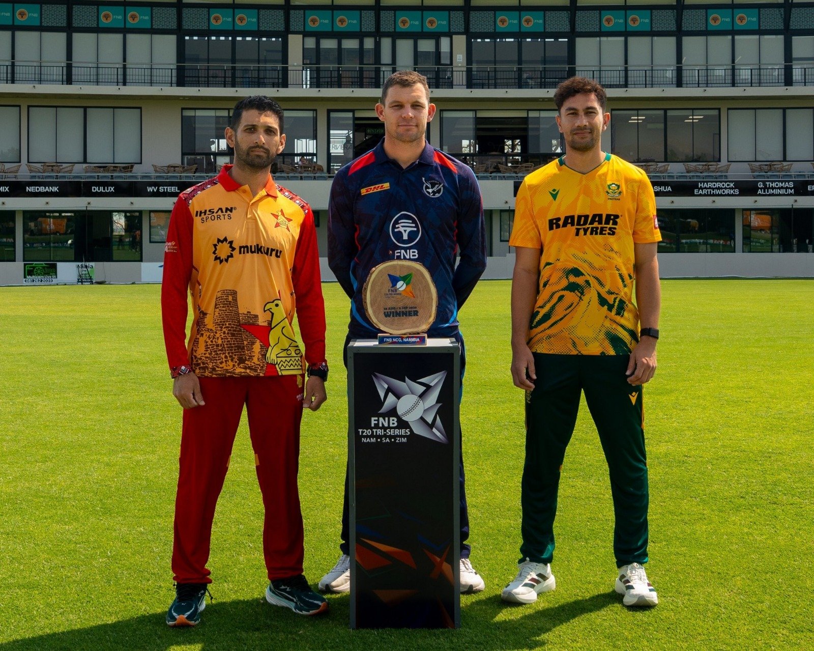 Namibia and South Africa players pose with the FNB T20 Tri-Series trophy